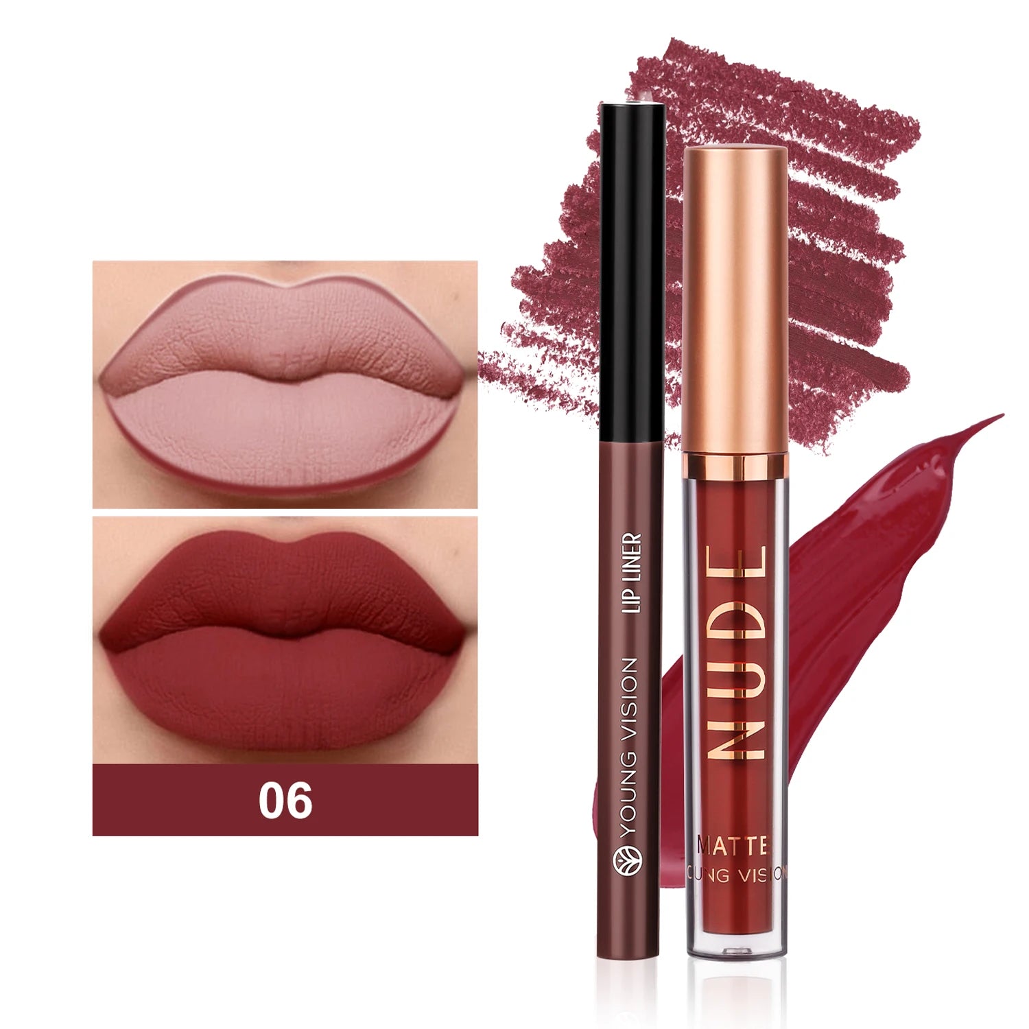YOUNG VISION Dual Color Lip Liner Lip Gloss Combo Set Color Showing Waterproof Sweatproof Non-Sticky Cup Lip Gloss Set