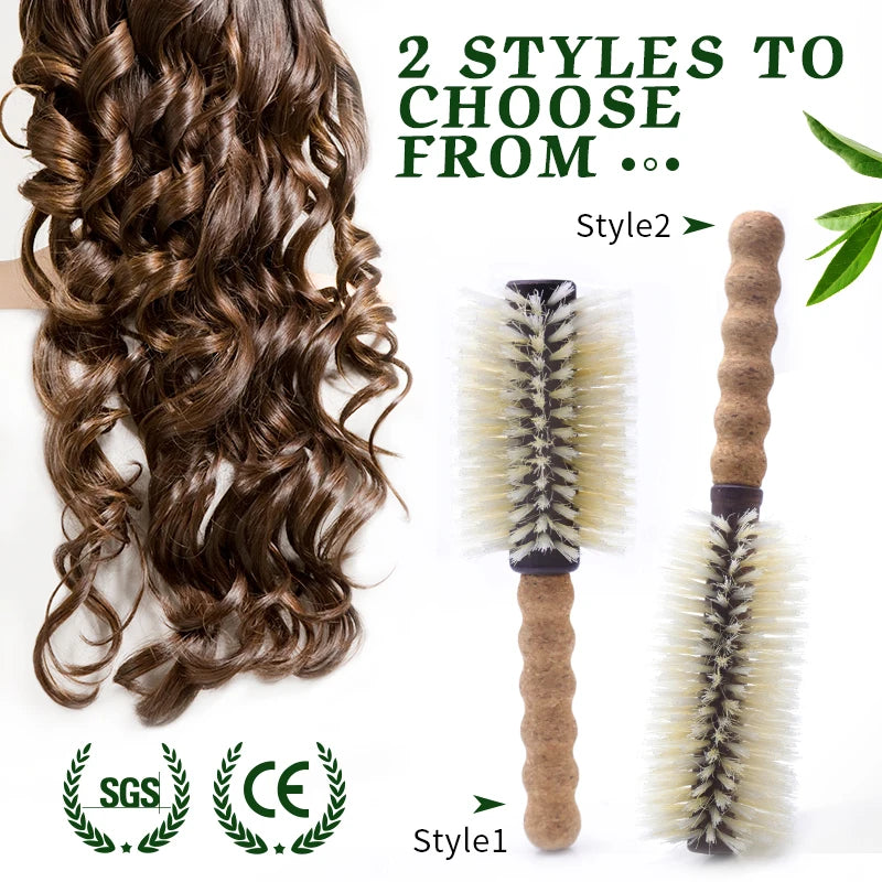 1PC Women Boar Bristle Round Hair Brush Cork Handle Barrel Curling Styling Comb Anti-Static Wood Handle Hairdressing Tool