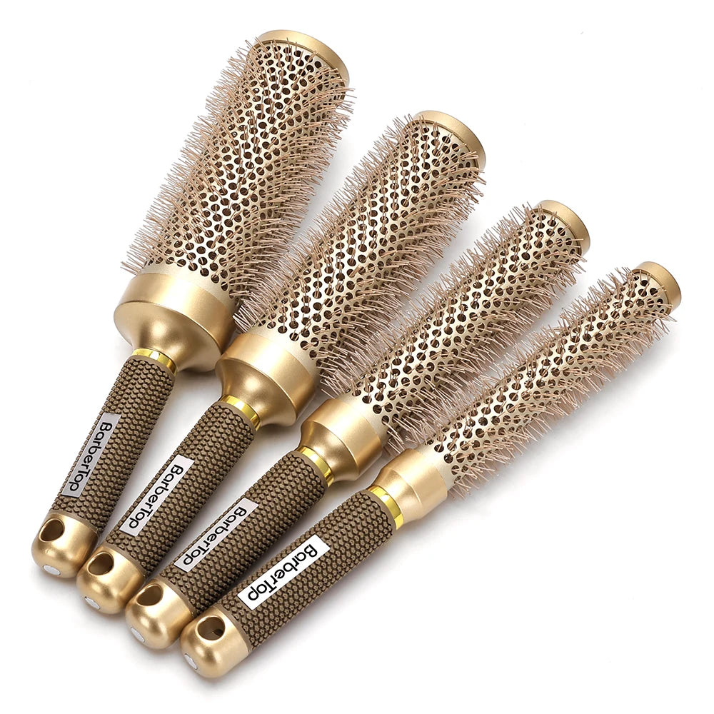 4 Sizes Of Curly Hair Comb Round Hair Comb Wild Boar Mane Hot Air Curly Hair Comb Gold Aluminum Tube Hairdressing Styling Comb