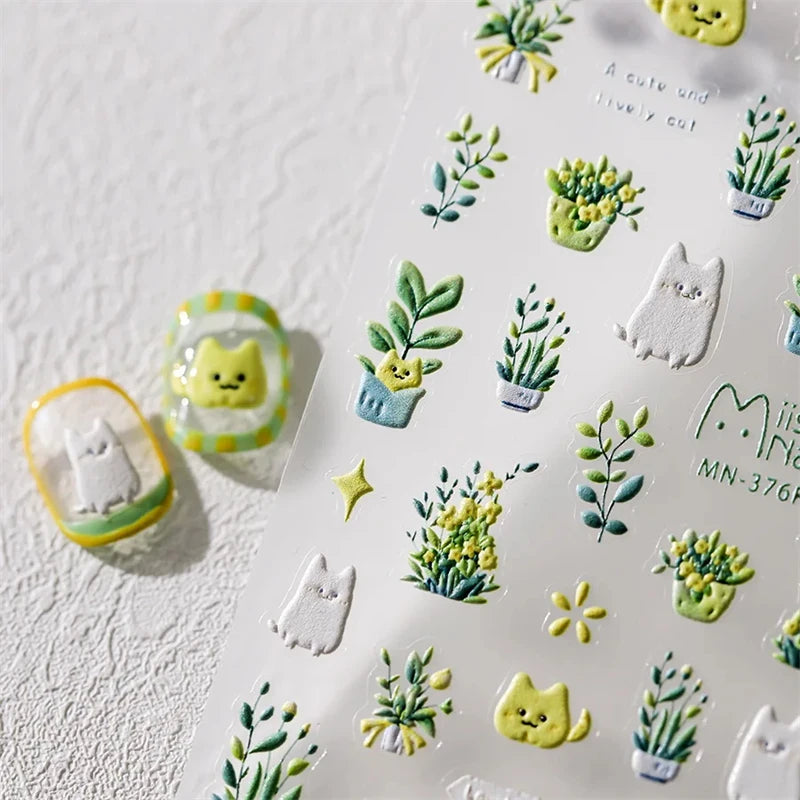 1Pcs Lovely Cat Green Potted Plant Flowers Nail Stickers 5D Reliefs Self Adhesive Nail Art Stickers Manicure Decorations Decals