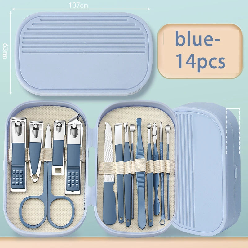 8/14 Piece Deluxe Manicure & Pedicure Set Pink And Blue Stainless Steel Nail Scissors, Clippers, Ear Digging Spoon for Men Women