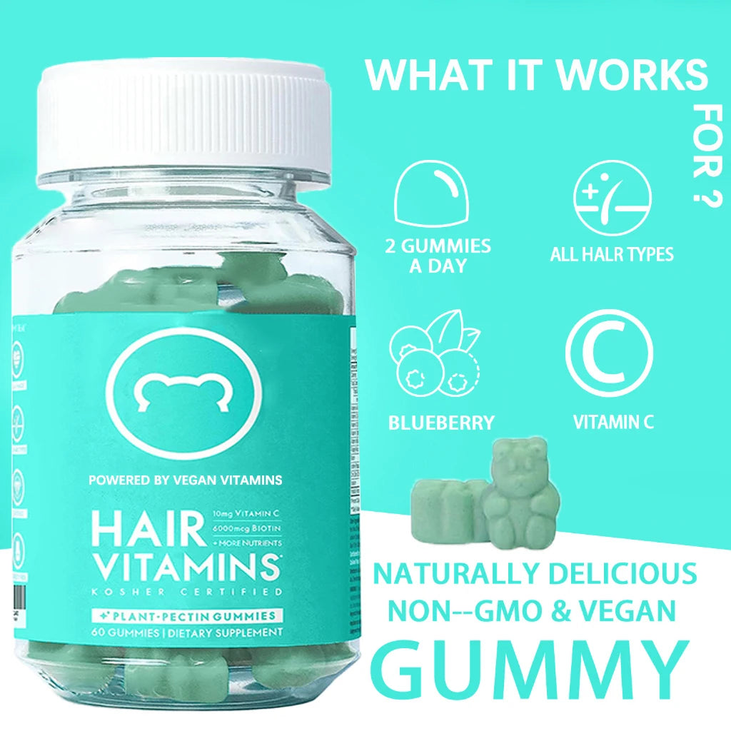 Premium Vegan Hair Vitamins Supplement - Hair, Skins & Nails Collagen & Biotin Gummies, Hair Growth Fast Gummy for Men & Women