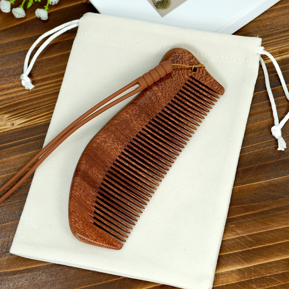 Natural Wooden Hair Comb with Cotton Drawstring Bag - Anti-static Scalp Massage, Handmade Wood Comb for Daily Hair Care
