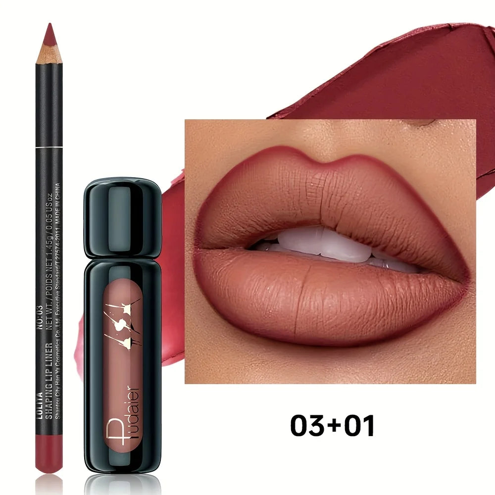 Lip Liner and Lip Mud Combo, Matte Waterproof Long Lasting Velvet Lip Makeup Set, Perfect Gift for Daily & Holiday Look