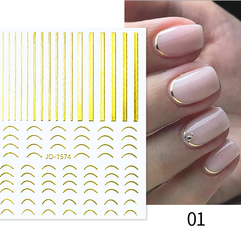 3D Nail Stickers Bronzing Gold Silver Lines Stripe Geometric Design Flowers Gradient Adhesive Slider Papers Nail Art Accessories