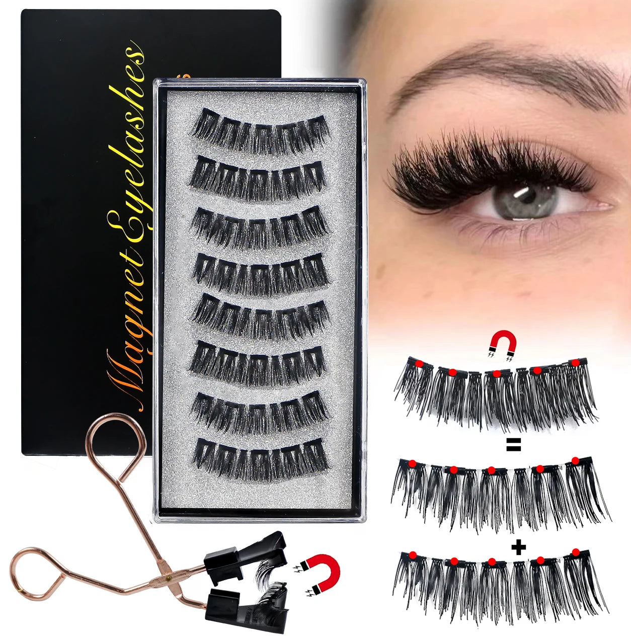 8Pcs Magnetic Eyelashes No Glue Needed Magnetic False Eyelashes with Applicator Reusable Thick Natural Effect 5 Magnets Lashes