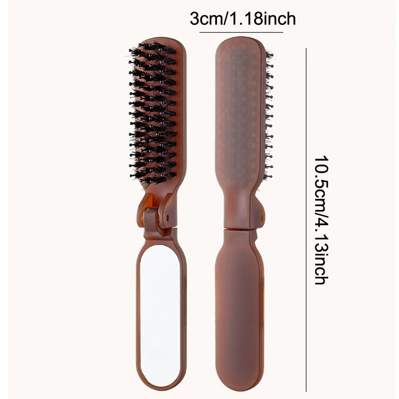 Boar Bristle Massage Hair Comb Anti Static with Makeup Mirror Folding Comb High Skull Integrated Styling Combs Supplies