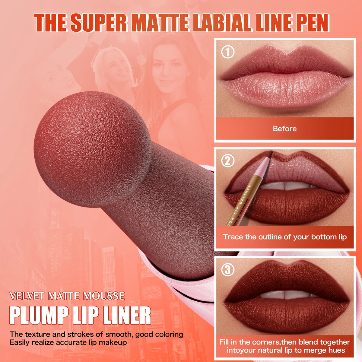 Longwear Liquid Lip Liner Waterproof, 24 Hour Long Lasting Lip Liner Stain Marker Pen, 2-in-1 Matte Semi Permanent Lipliner