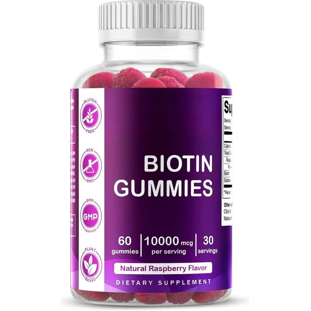 Biotin Gummies with Vitamin Vegan Gluten Free Soy Free Natural Raspberry Flavor Support Hair, Nail, and Skin Health 60 Gummies