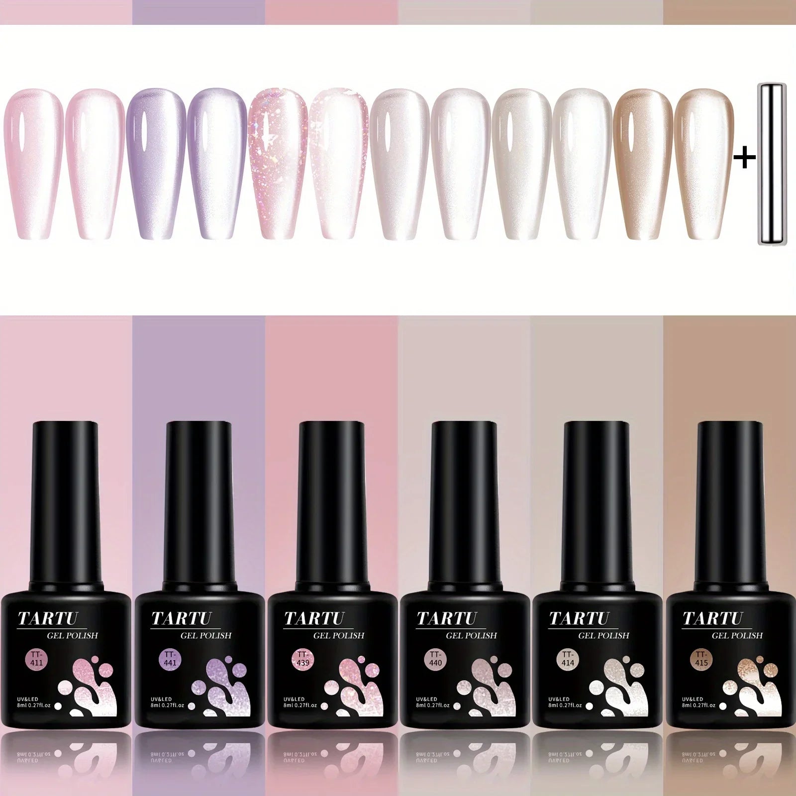 TARTU 6pcs 8ml Cat Eye Gel Nail Polish Set, 6 Colors Gel Polish Kit, Soak Off for Uv/Led, for Salon and Nail Art DIY At Home