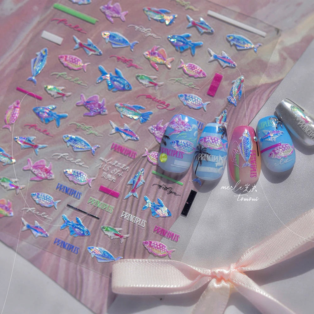 5D Rich Goldfish Nail Stickers Lotus Carp Ribbons Nail Art Appliqués Handmade Creative Nail Art Decorations