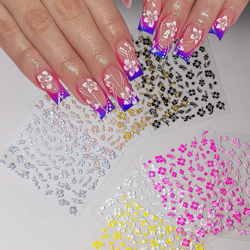 1pc 3D White Hibiscus Flower Nail Art Stickers 8 Colors Hollow Petal Flower Nail Decal Exquisite Gold/Silver/Black Floral Slider