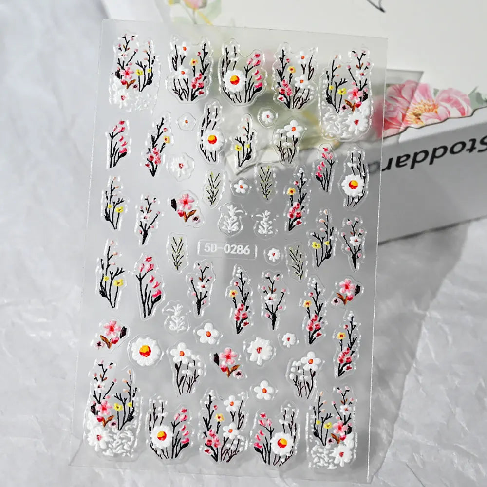 1PCS Embossed 5D Nail Art Stickers Colorful Elegant Flowers Rose Butterfly Sliders Nails White Petals Manicure Decor NK5D-0288