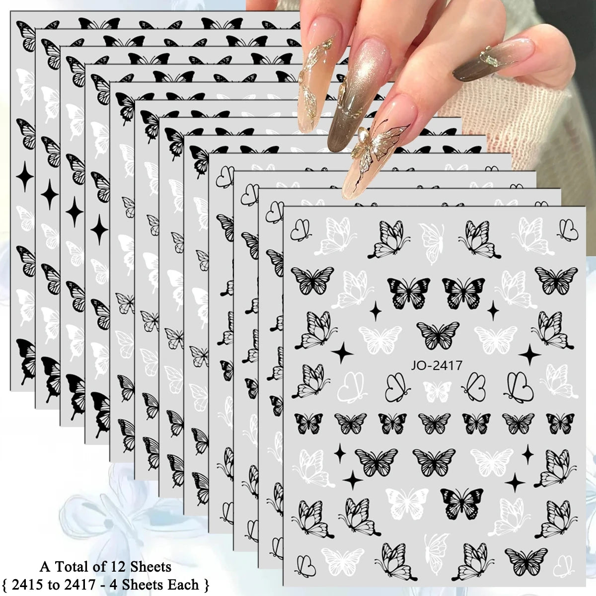 3/6/12 Sheets 3D Black White Butterfly Nail Stickers Self Adhesive Gothic French DIY Manicure Nail Decals