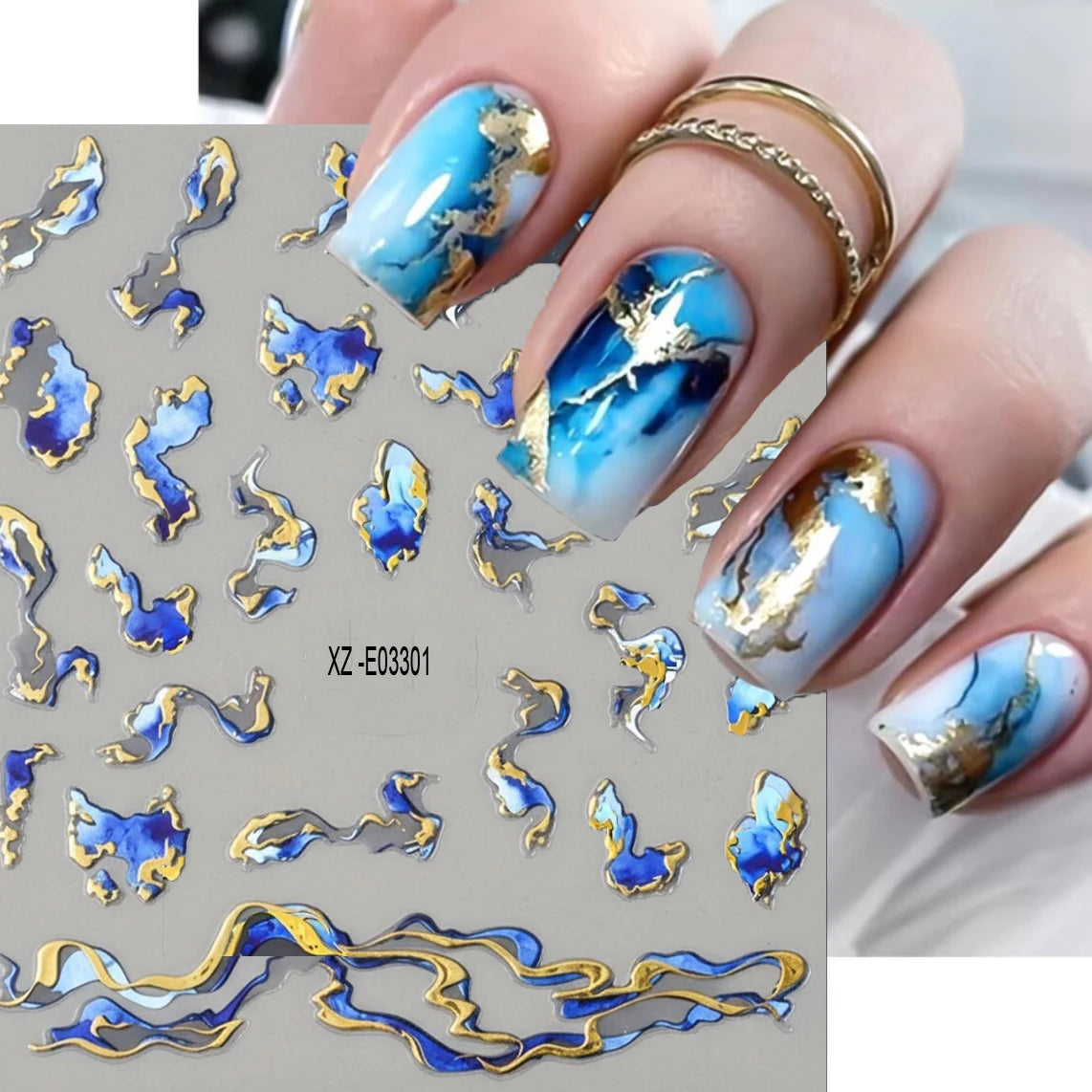 3/6/12PCS 3D Gold Foil Marble Print Nail Art Stickers Luxury Blue Gradient Ink Design Adhesive Nail Decal Geometric Nail Slider