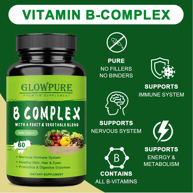 B Complex Vitamins for Nervous System & Energy - Supports Immunity, Heart Health, Hair, Skin & Nails