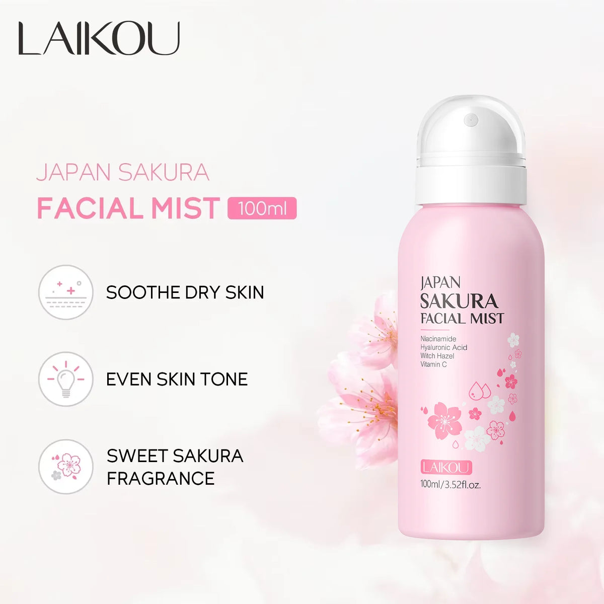LAIKOU Sakura Facial Mist 100ml Hydrating Spray Moisturizing Brightening Toner Oil Control Shrink Pores Skin Care
