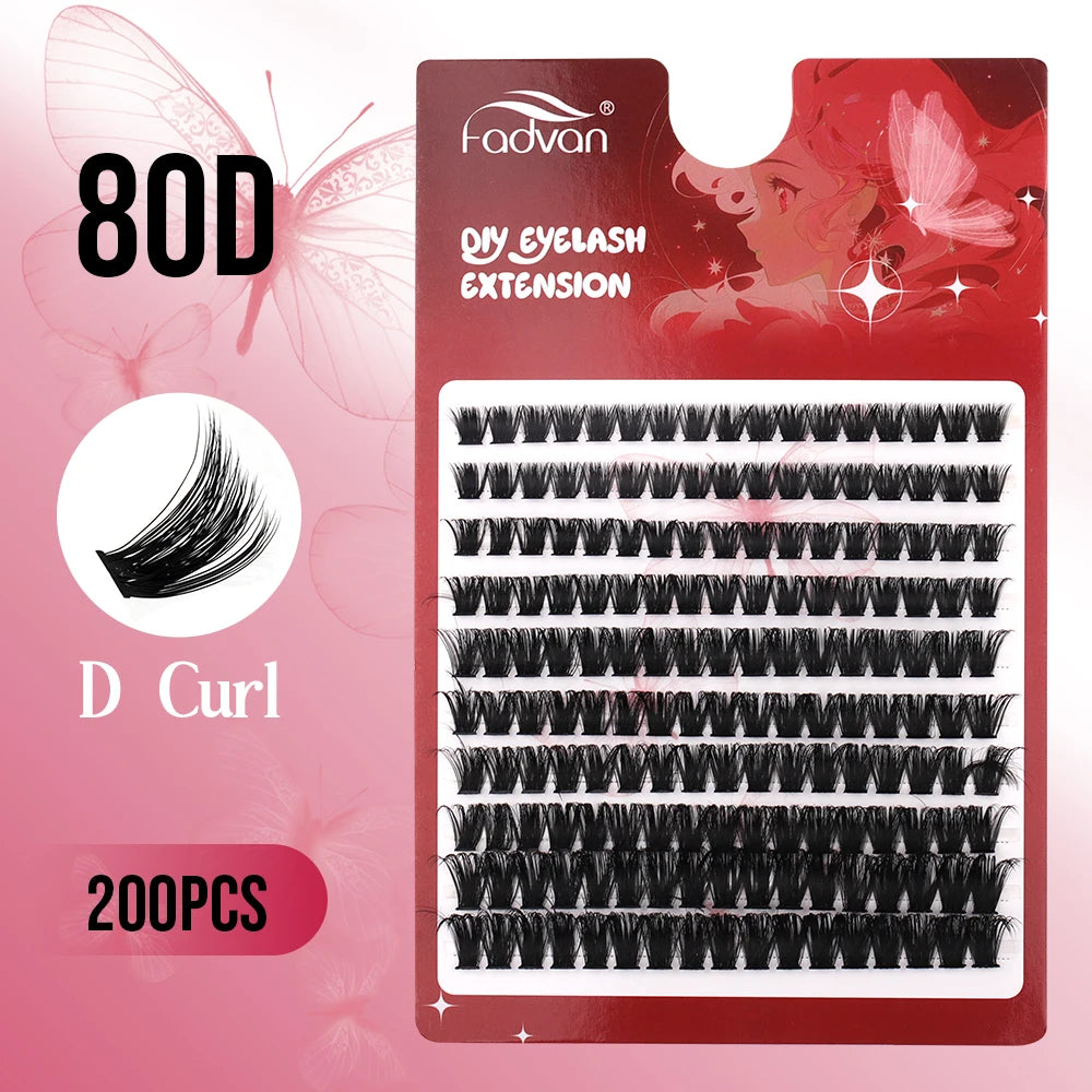 Fadvan 60P/80P DIY Eyelash Extension Kit Individual Lashes Cluster D Curl Mix Lash Clusters with Bond and Seal Lash Extensions