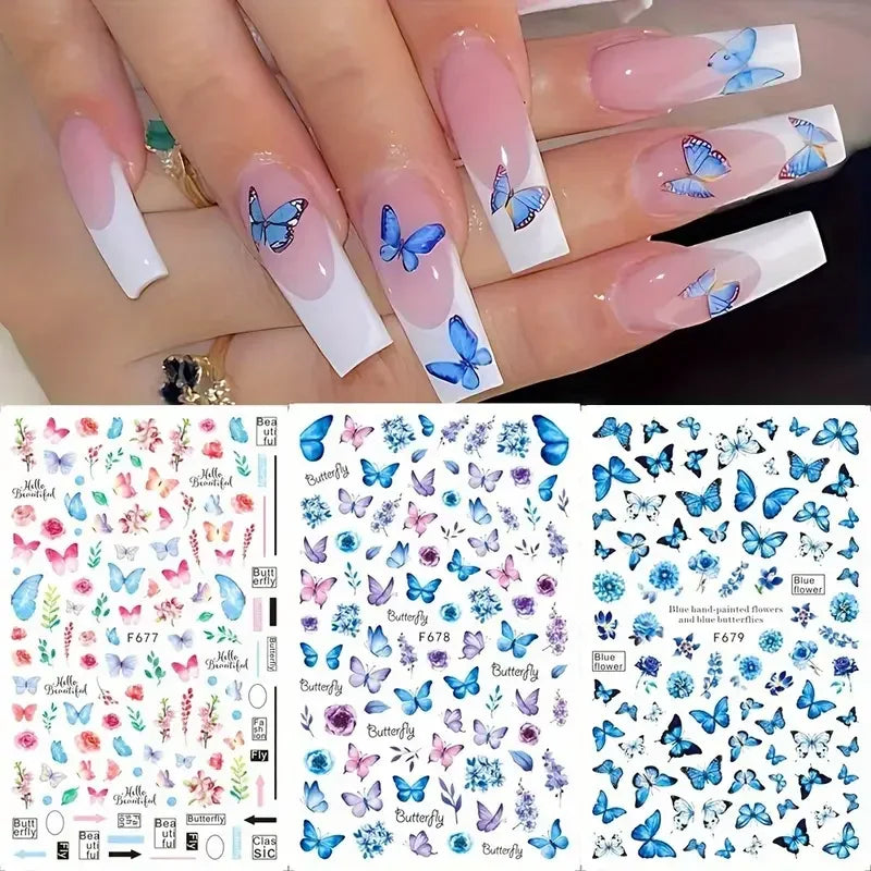 1PCS Black White Butterfly Laser Nail Stickers Y2K Nail Art Decoration Abstract Lines Bronzing Flowers Stickers For Nails