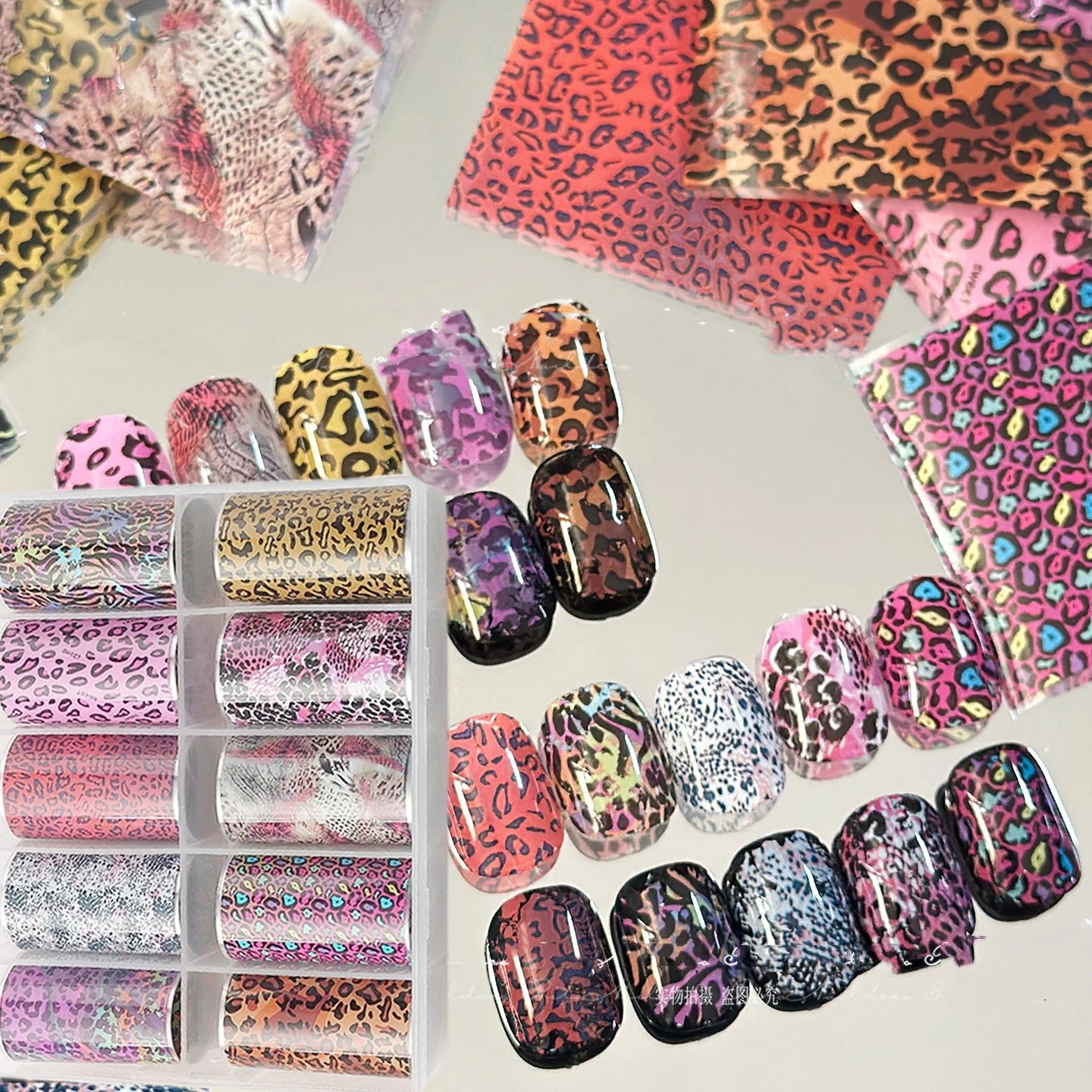 10 Rolls 50*4CM Pink Leopard Nail Foil Stickers Animal Print Nail Transfer Decals Irregular Shape Valentine's Day Manicure Decor