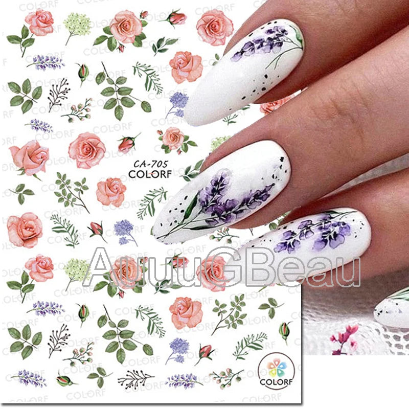 3d Nail Art Decals Geometric Lines Daisy Sunflowers Letters Adhesive Sliders Nail Stickers Decoration For Manicure