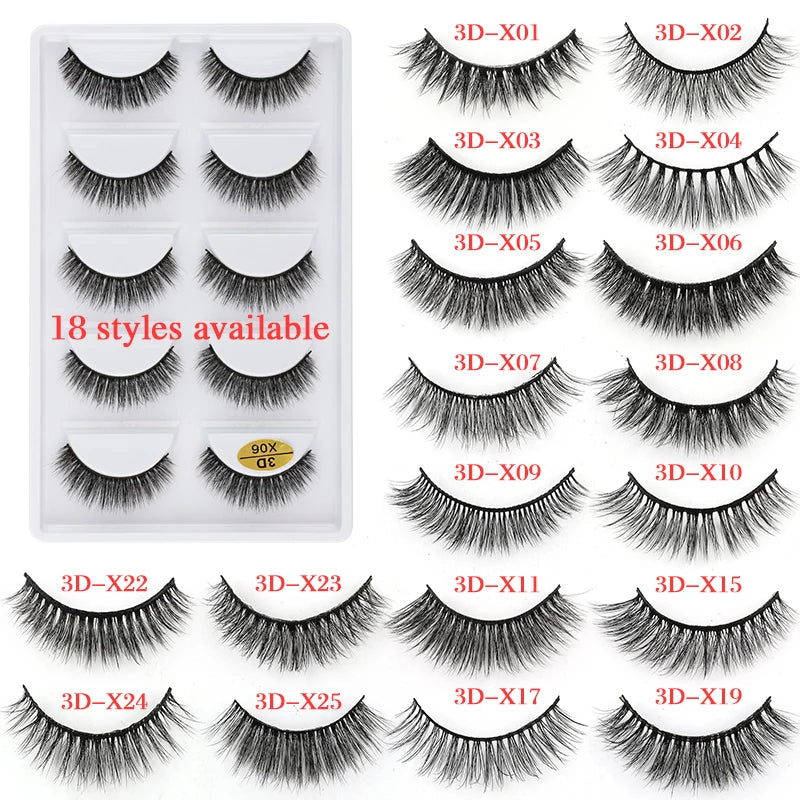 3D Faux Mink Lashes X05 Fluffy Wispy False Eyelashes 5Pairs Reusable Soft Volume Eyelashes Natural Look for Daily & Party Makeup