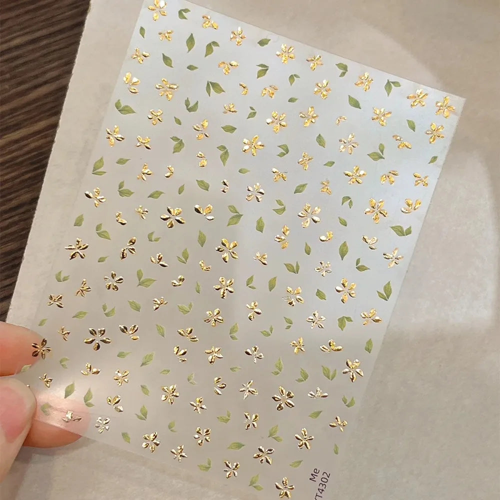 Golden Leaf Five Petal Flower Nail Sticker Bronzing Spring Flowers Adhesive Backing Blossom Nail Slider Decoration Accessories