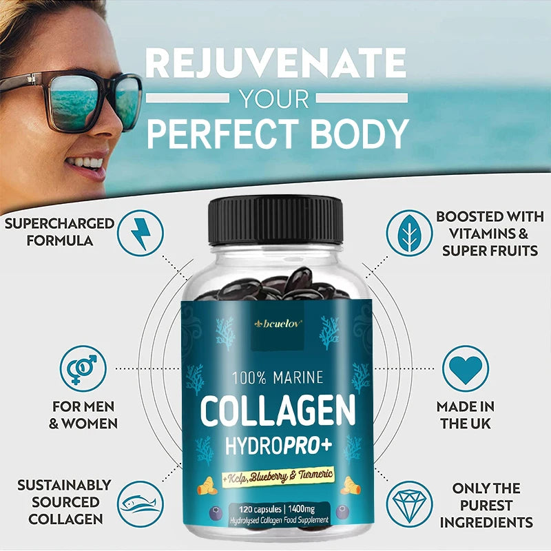 Potent Marine Collagen - with Kelp, Blueberry & Turmeric - 1400mg Hydrolyzed Collagen Supplement for Healthy Hair, Skin & Nails