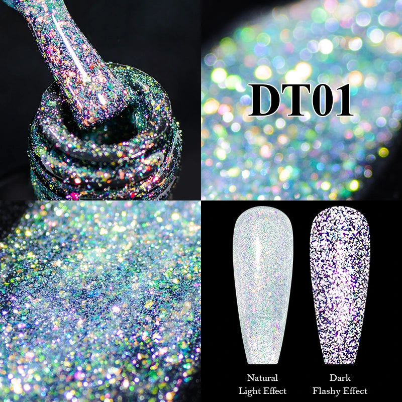 MEET ACROSS 7ml Reflective Glitter Gel Nail Polish Pink Green Purple Sparkling Soak Off UV Gel Polish for Manicure DIY Nail Art