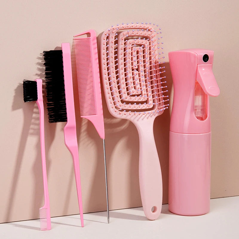 5pcs Comb Set Relaxing Elastic Massage Comb Hollow Out Hair Brush Scalp Massage Combs Hair Styling Spray Bottle Hair Salon Tools