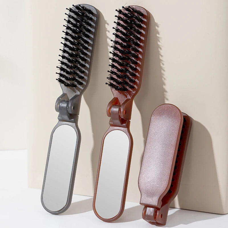 Boar Bristle Massage Hair Comb Anti Static with Makeup Mirror Folding Comb High Skull Integrated Styling Combs Supplies