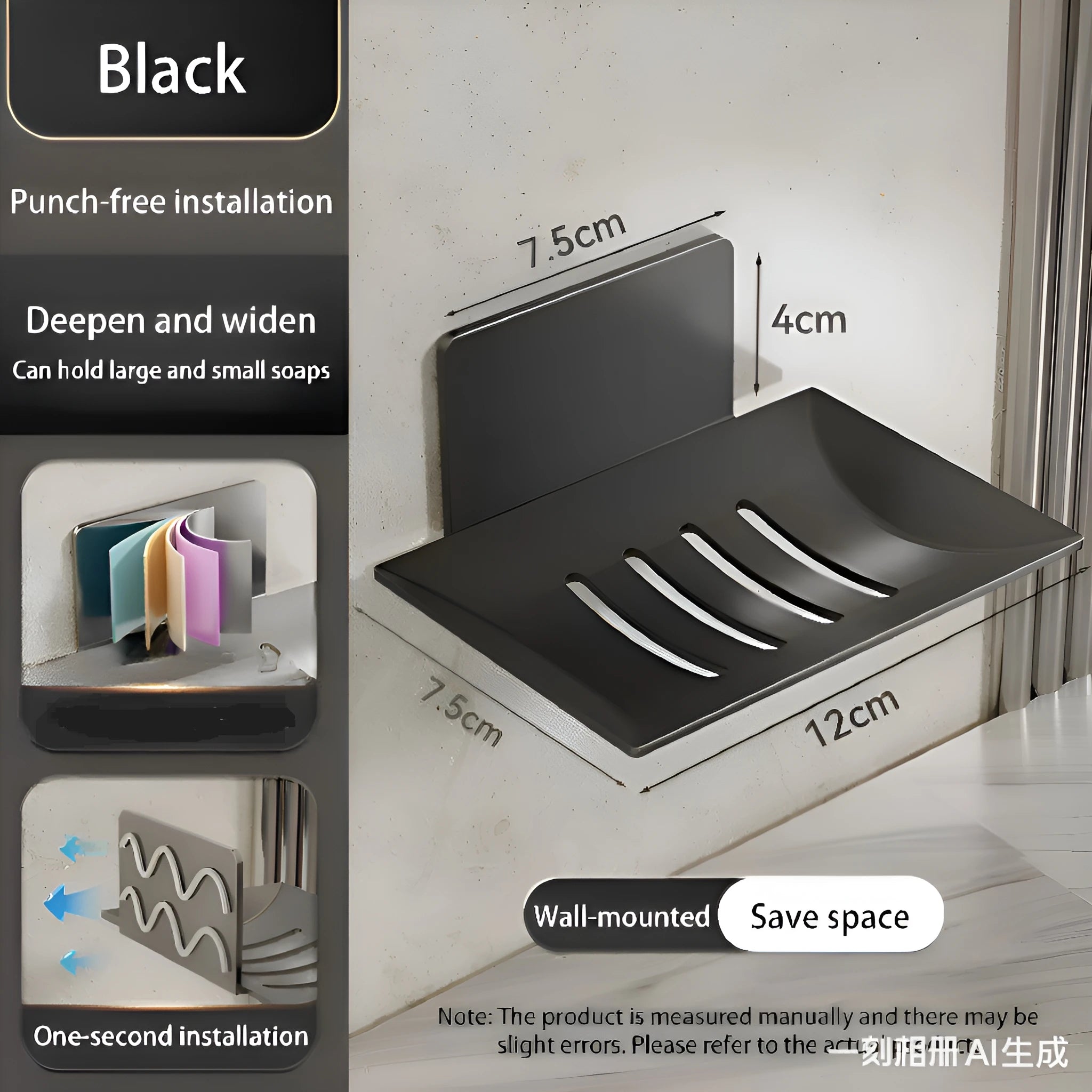 1pc 2025 Black Soap Box Non Perforated Wall Mounted Bathroom Soap Holder Storage Rack