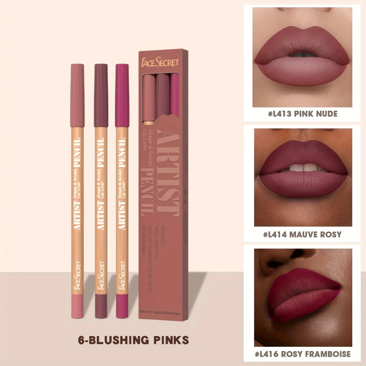 Face Secret 3pcs Set Nude Lip Liner, Natural Matte,Long-Lasting Waterproof,High Pigmented Hook Line Lip Pencil Makeup