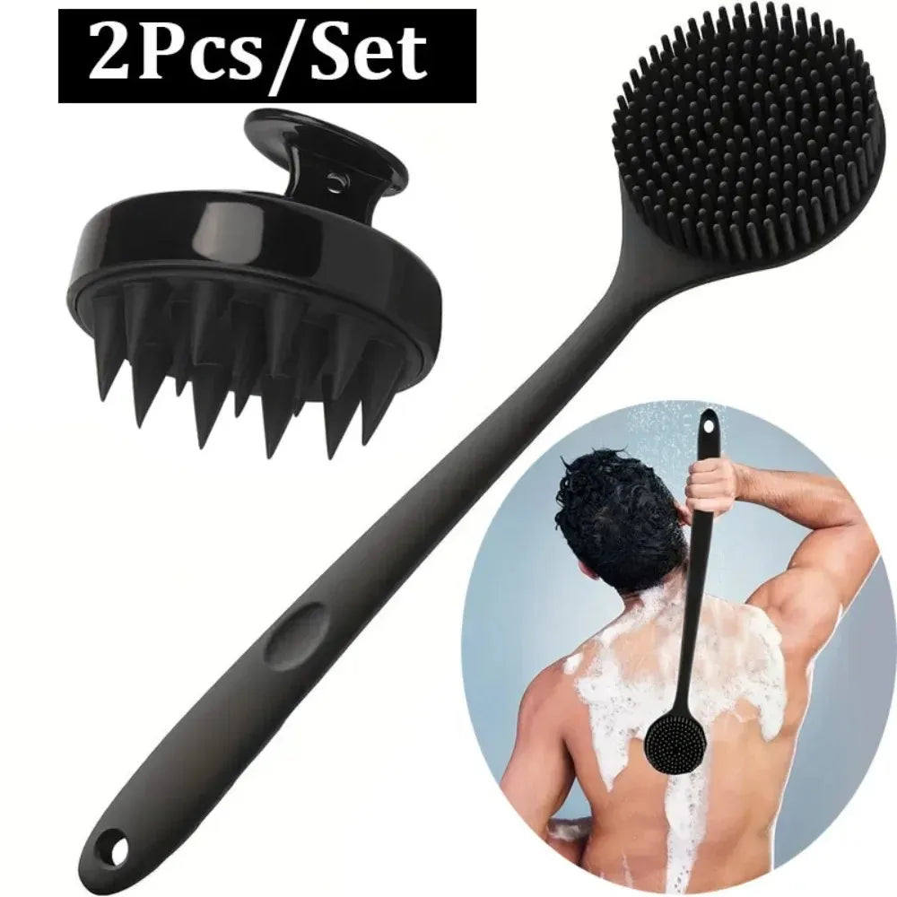 2/3/4Pcs Silicone Shower Brush Set Long Handled Back Washer Scalp Massage Comb Gentle Exfoliation Body Scrubber Deep Skin Clean
