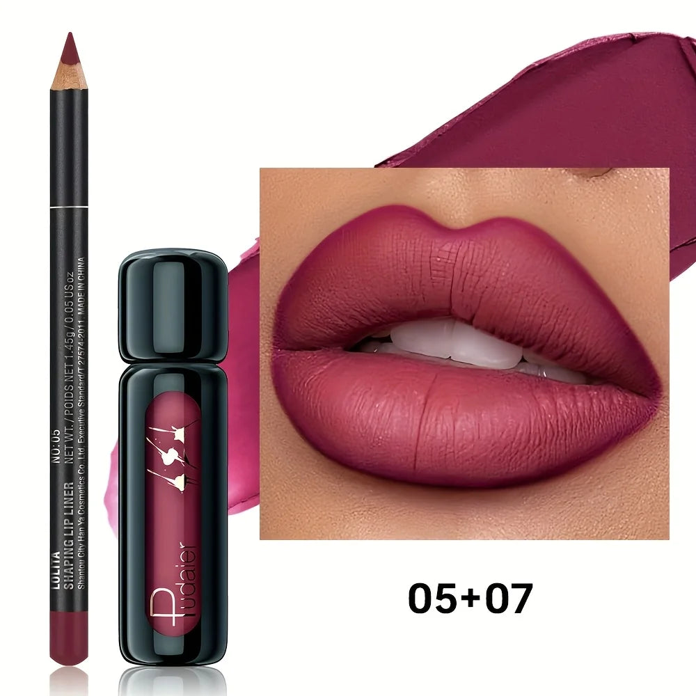 Lip Liner and Lip Mud Combo, Matte Waterproof Long Lasting Velvet Lip Makeup Set, Perfect Gift for Daily & Holiday Look