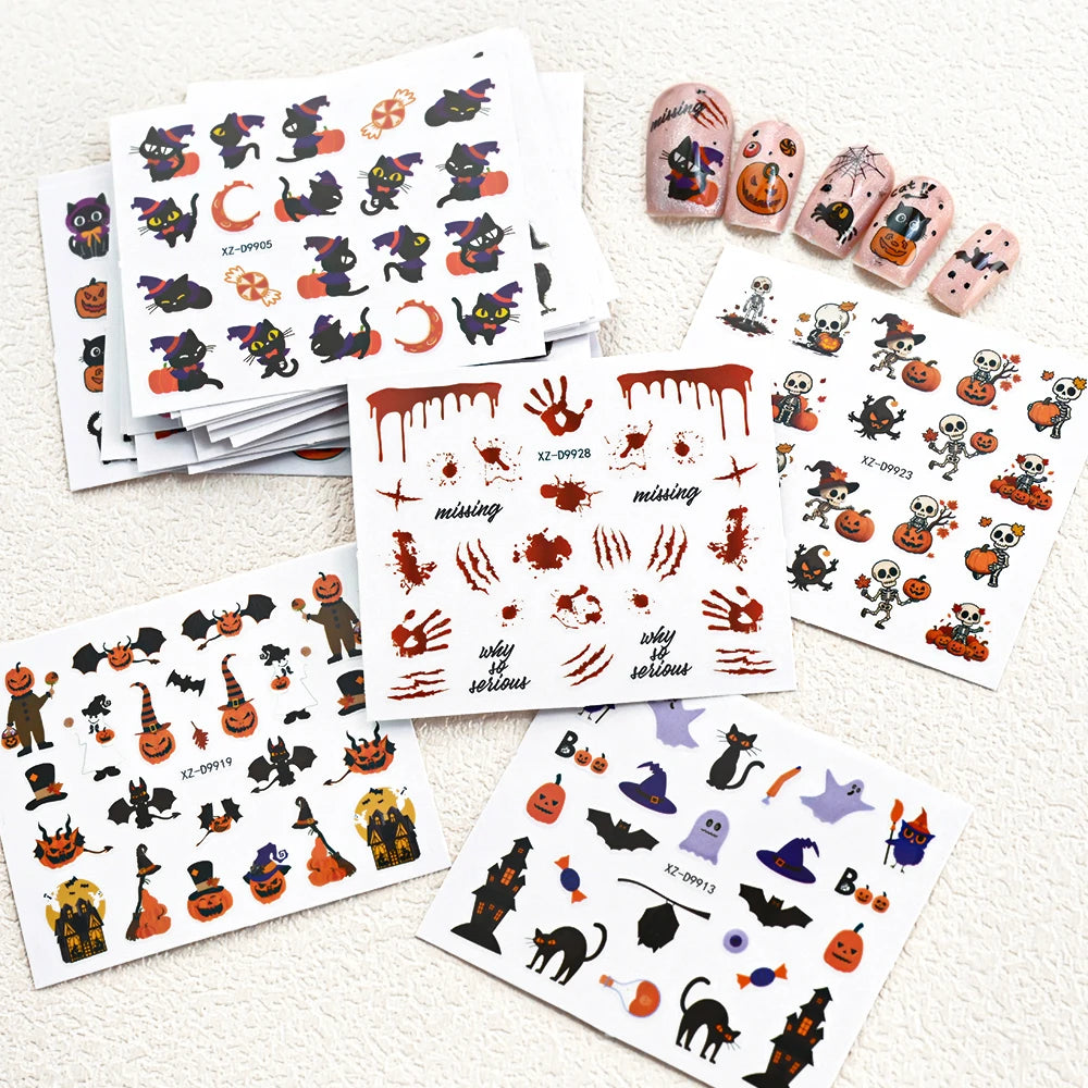 30Pcs 3D Halloween Cartoon Ghost Spider Bat Pumpkin Nail Stickers Mixed Punk Black Halloween Nail Decal 5x6cm Manicure Slider &*