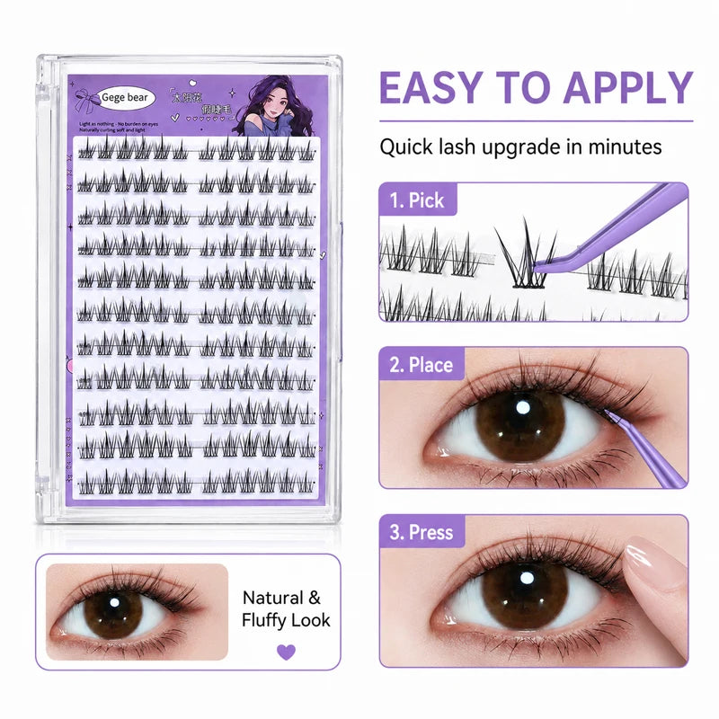 Gege Bear No Glue False Eyelashes Self Adhesive Lash Clusters Wispy Sunflower Style Natural Doll Eye Easy Apply Makeup