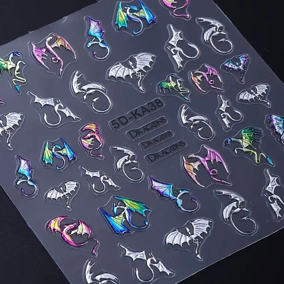 Metallic Silver ChameleonDragon Nail Art Stickers Evil Bat Flying Dragon Designs Y2K Halloween Embossed Nail Decals Decoration