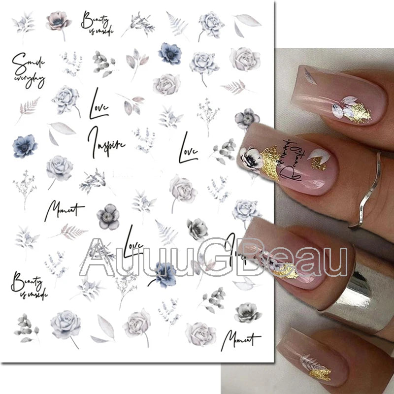 3d Nail Art Decals Geometric Lines Daisy Sunflowers Letters Adhesive Sliders Nail Stickers Decoration For Manicure