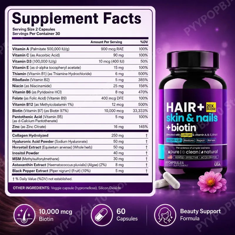 HAIR Skin Nails Beauty Formula with Biotin 10000mcg Collagen Hyaluronic Acid Daily Beauty Support 60 Capsules for Man and Woman
