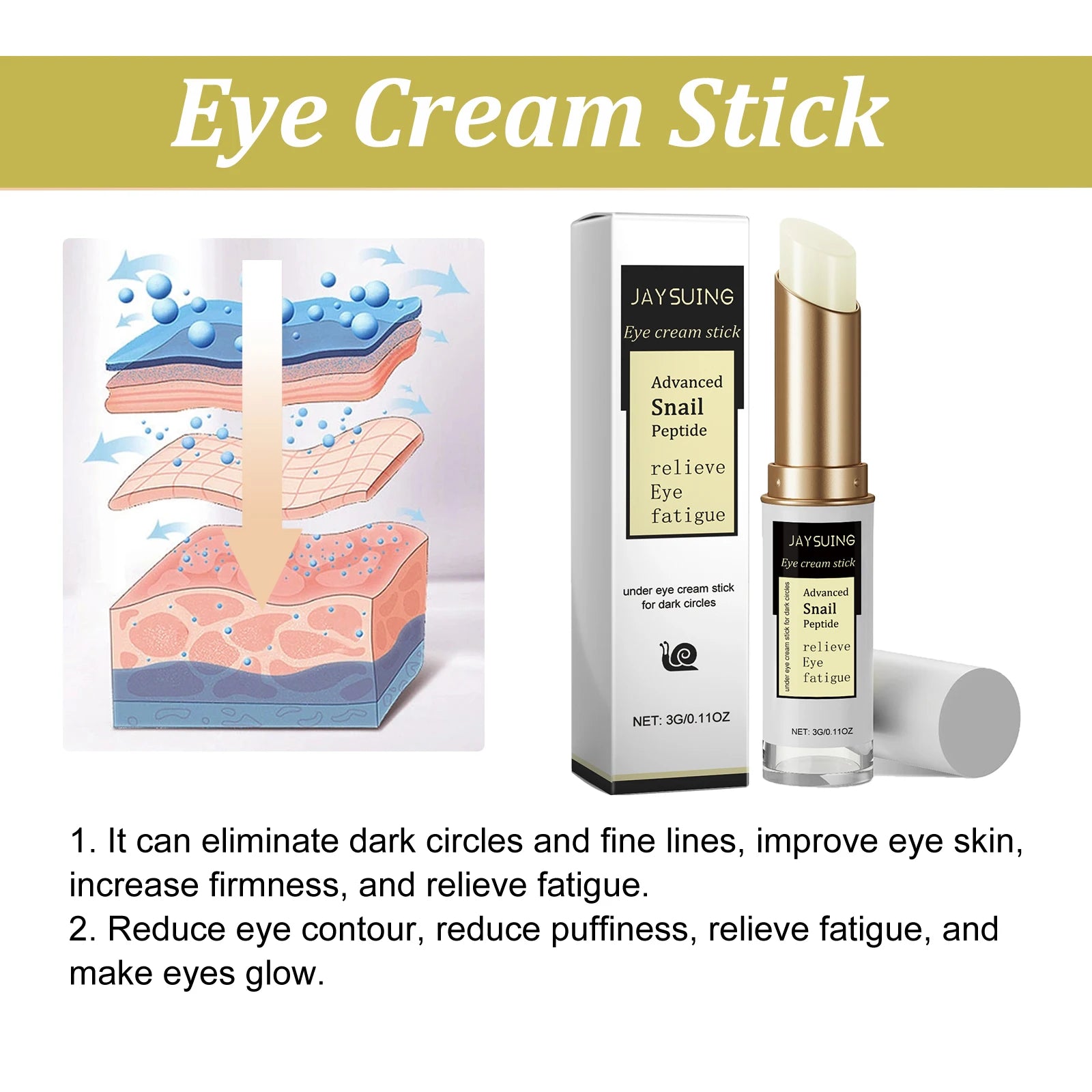 Snail Eye Cream Stick Anti-Puffiness Wrinkle Removal Fade Dark Circle Fine Lines Repair Moisturizing Firming Lightening Eye Care