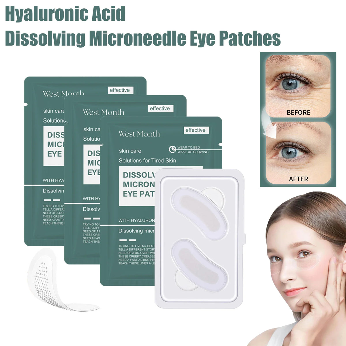 0.25mm Hyaluronic Acid Dissolving Microneedle Eye Patches Hydrogel Eye Mask for Wrinkles Dark Circles Puffiness Anti-Aging