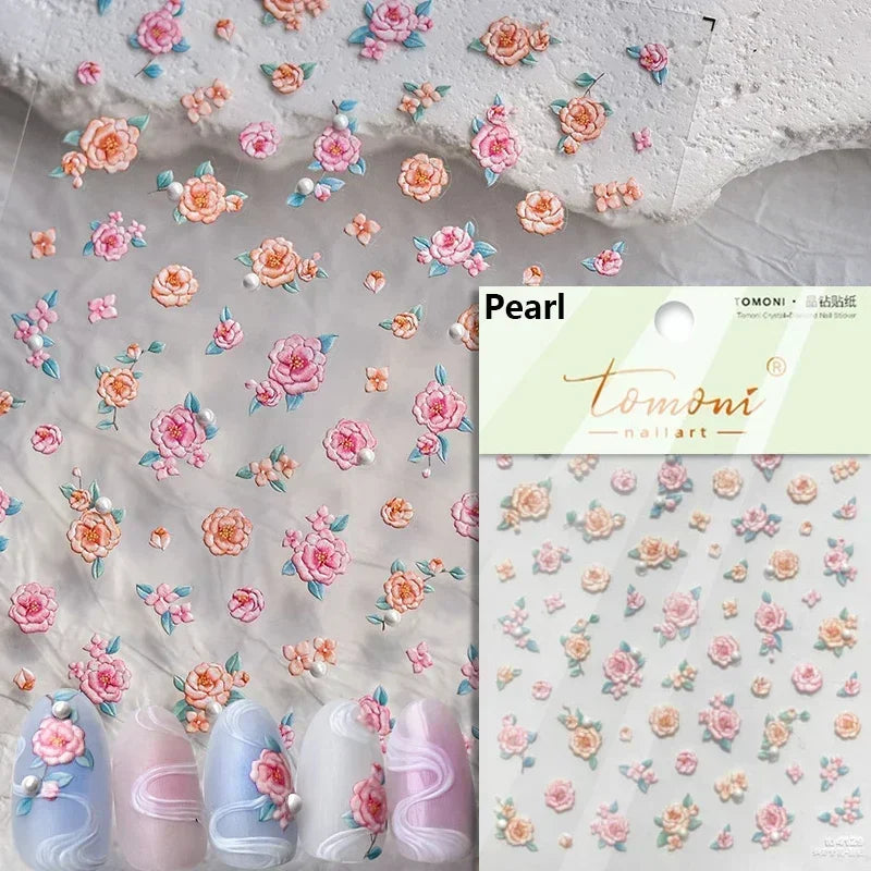 1 pc 5D sunflower nail stickers rose daisy cherry blossom self-adhesive nail art stickers oil painting style decorative sticker