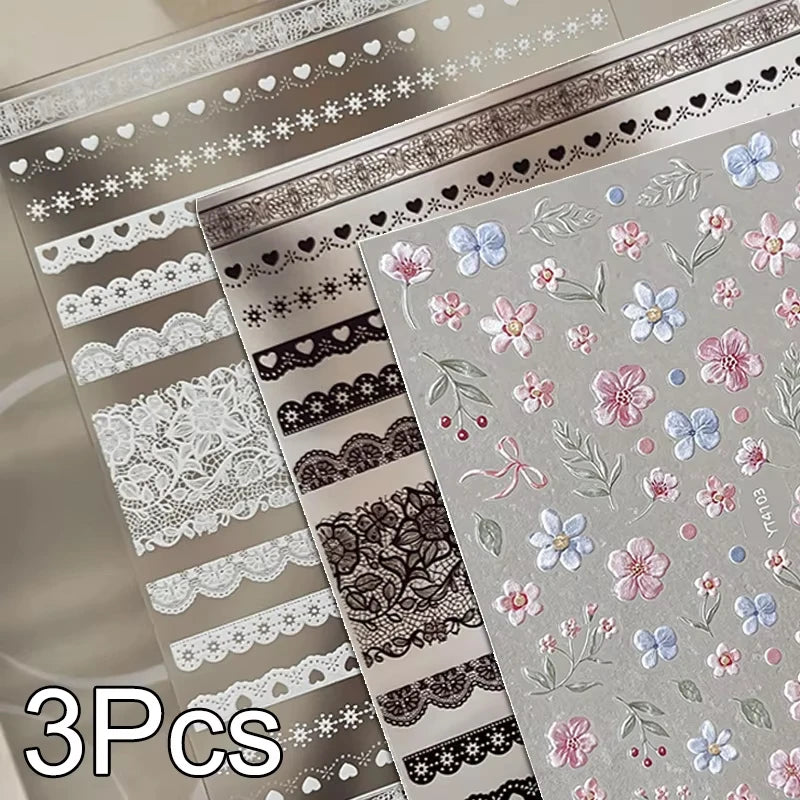 3Pcs White Lace 5D Nail Art Stickers Y2k Embossed Flowers Heart Petals Elegant French Decals Wedding Nails Manicure Decorations