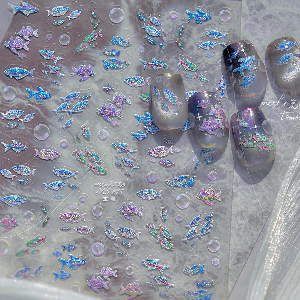 5D Rich Goldfish Nail Stickers Lotus Carp Ribbons Nail Art Appliqués Handmade Creative Nail Art Decorations