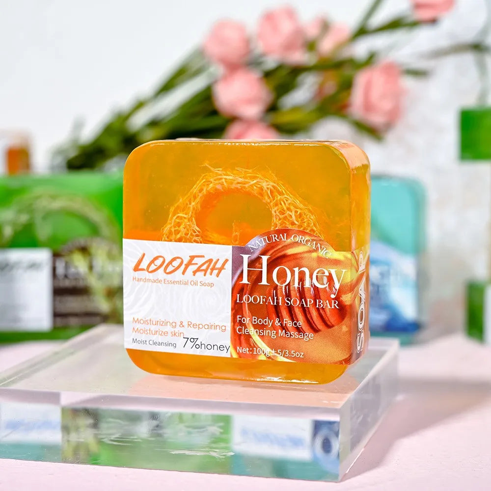 Facial Honey Loofah Soap Acne Treatment Tea Tree Lemon Rose Whitening Handmade Eco-friendly Sponge Honey Loofah Soap