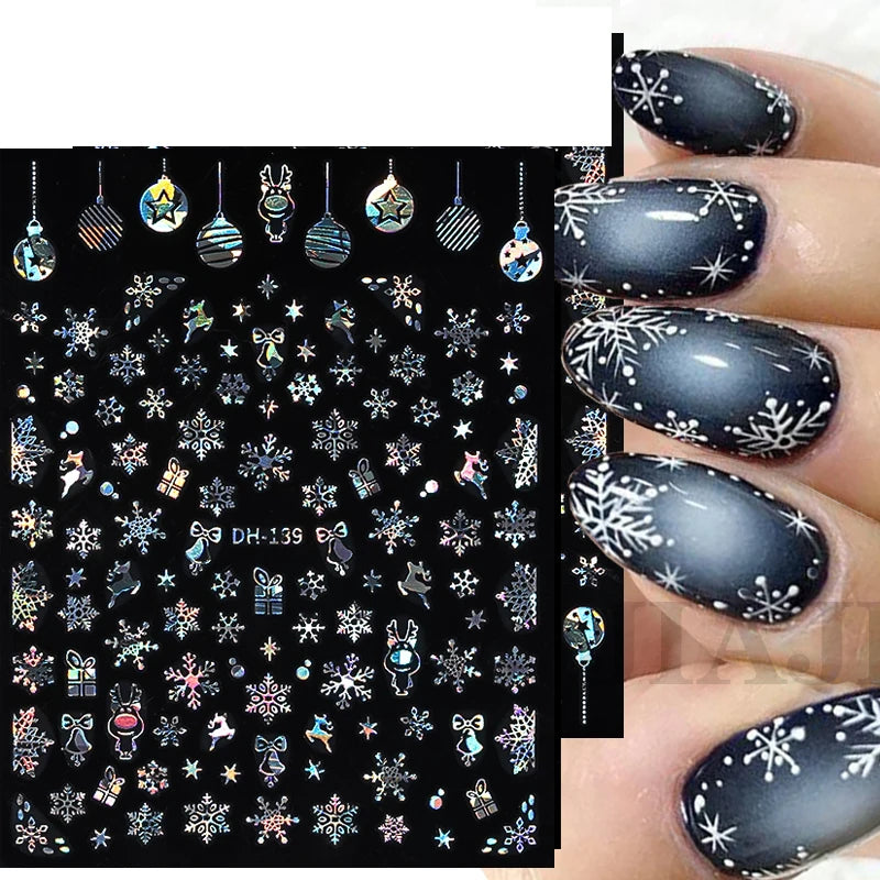 Sliver Bronzing 3D Christmas Nail Art Decoration Sticker Sparkly White Colorful Glitter Geometry Snowflake Winter Slider Foil
