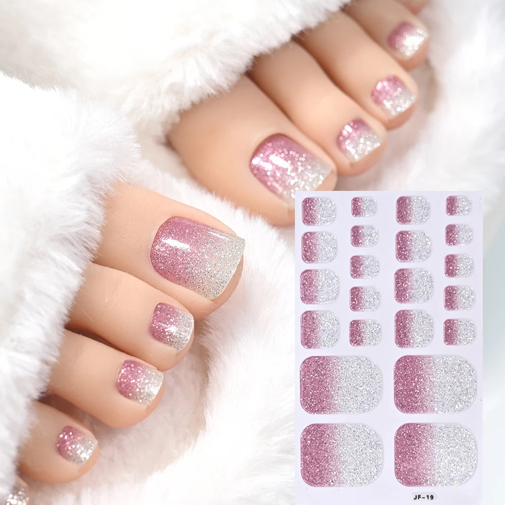 1pcs 22tips Gradient Glitter Full Toe Nail Wraps 3D Shiny Omber Pink/Purple/blue Toe Nail Polish Stickers Baking Free Toe Strips