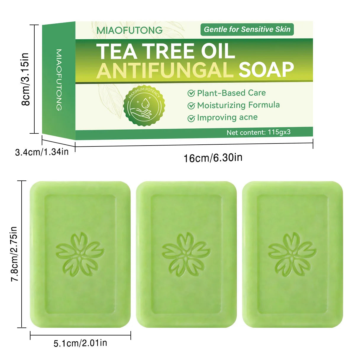 MIAOFUTONG Gentle For Sensitive Skin TEA TREE OILANTIFUNGAL SOAP Plant-Based Care Moisturizing FormulaG Lmproving Acne