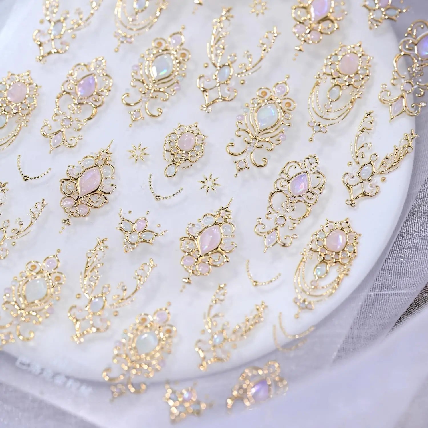 5D Luxury Gold Scepter Nail Art Stickers Gorgeous Gemstone Elegant Courtly Pattern Deca Necklace Frame Self Adhesive Nail Sticke
